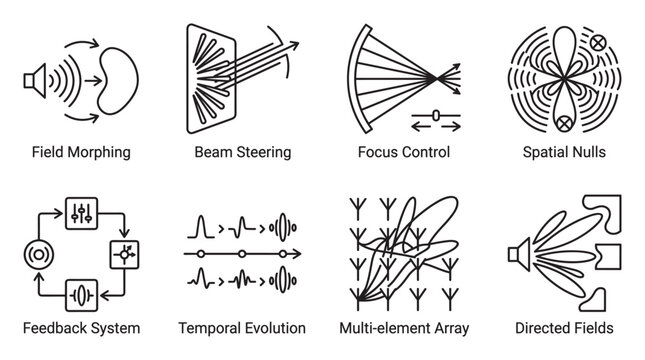 Sound waves field morphing beam steering focus control spatial nulls.