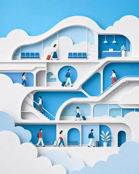 Layered Paper Art Airport Terminal with Travelers