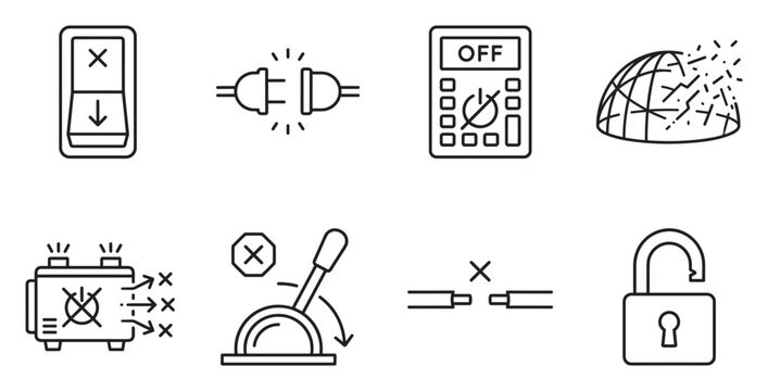 Technology and electricity icons, power switch, connection, and diagnostics.