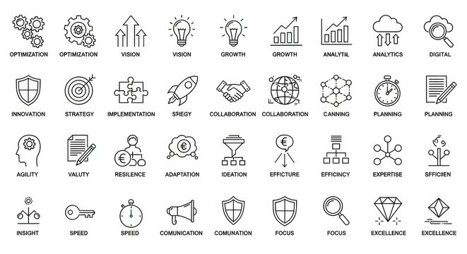 Set of Business and Management Line Icons for Strategy, Growth, Innovation, and Corporate Success Concepts