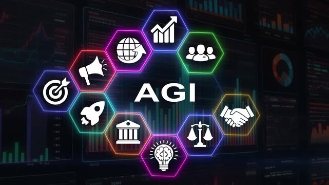AgI artificial general intelligence concept with business icons in motion graphic.