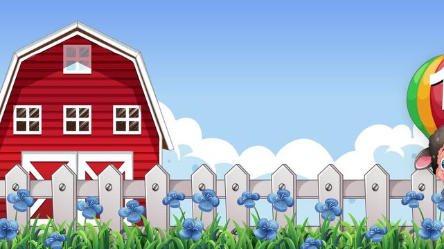 Cartoon Sheep in Hot Air Balloon Floating Past Red Farm Barn