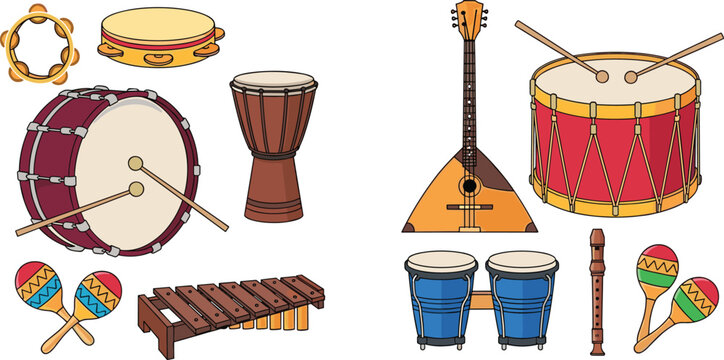 Acoustic and percussion musical instruments vector illustration set featuring snare drum bass drum djembe bongo maracas xylophone balalaika and tambourine isolated on white background
