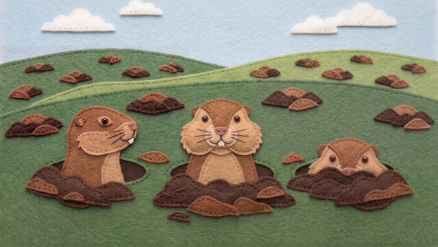 Hand-crafted felt illustration of three gophers popping from burrows in rolling green hills under a cloud-filled sky.
