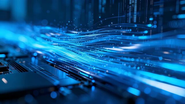 Blue light data streams on laptop