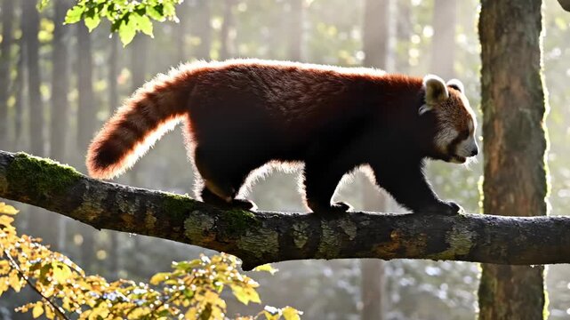 A vibrant red panda traverses a sturdy tree limb deep within the golden light of an ancient mountain forest as it moves gracefully through the lush canopy under the refreshing morning sunbeams