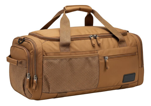 Brown camouflage duffel bag with drawstring closure isolated on transparent background
