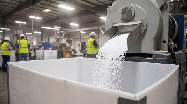 White plastic pellets flowing from industrial extruder machine, with bright factory lights in background, pouring into a large white container, inside a manufacturing facility, industrial photography