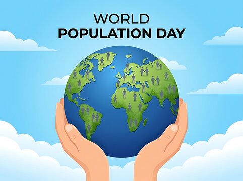 Illustration of hands holding earth with people icons for world population day concept design