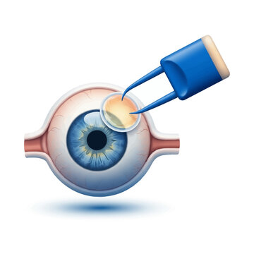 3D vector illustration of a human eye with blue iris undergoing medical surgery, featuring blue surgical forceps placing a clear intraocular lens on the cornea, isolated on white.