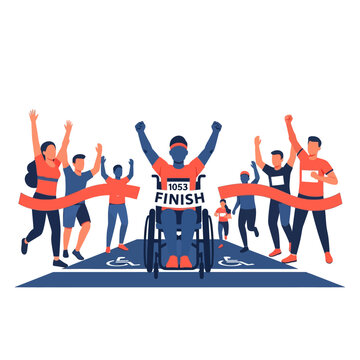 Flat vector illustration featuring a disabled athlete in a wheelchair crossing a marathon finish line while breaking the red tape, surrounded by diverse cheering people.