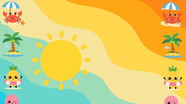 Cute summer beach background loop with cartoon sun, crabs, and pineapples. Perfect for kids' content and tropical designs