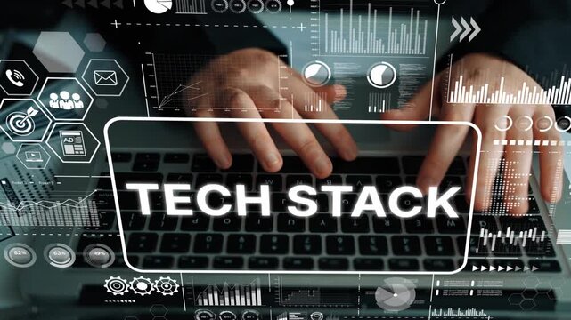 Innovative Tech Stack Concept with Hands Typing on Laptop and Digital Data Graphics in Modern Workspace Environment. Asymptotic smart data analytic.