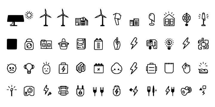 Energy icons set with 24 simple flat black and white illustrations in a 4x6 grid featuring solar, wind, battery with line art and minimalist