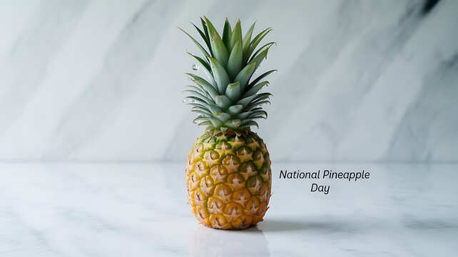 A whole pineapple on a marble surface with text reading 'National Pineapple Day'