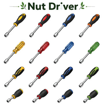 Nut Driver Line Art Icons Set, Hex Socket Hand Tool and Fastening Equipment Vector Collection
