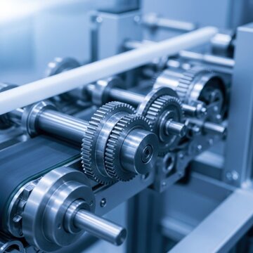 Detailed close-up of industrial metal spur gears and steel shafts integrated into an automated conveyor belt system within a modern manufacturing production facility.