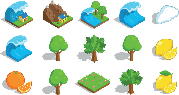 Isometric Natural Disaster and Environment Icon Set Featuring Volcanoes Tsunami Landslide Desert Winter and Forest Elements for Game Design