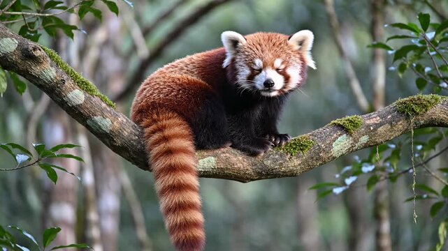 A rare red panda rests calmly upon a sturdy branch within the lush greenery of a dense forest canopy while observing its natural habitat during a peaceful afternoon in the wild Asian wilderness