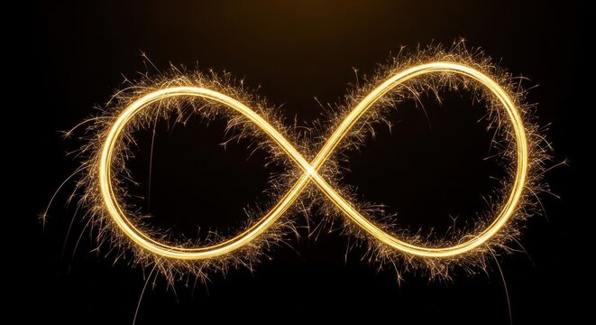 Golden sparkler light trail forming an infinity symbol on black background. Detailed light painting showing bright yellow glowing loops with flying firework sparks and embers.