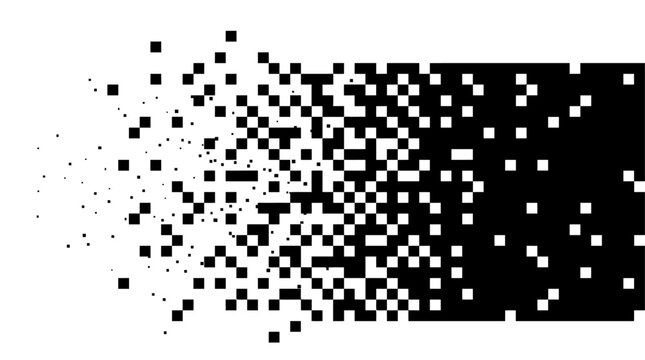 Abstract Black Geometric Rectangle Featuring Digital Pixelation Pattern and Scattering Dispersion Effect Isolated on a Clean White Background Modern Technology Mosaic Graphic Design Element