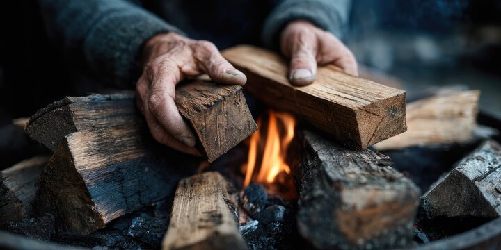 Close-up of weathered hands adding wood to a crackling campfire, embers glowing warmly