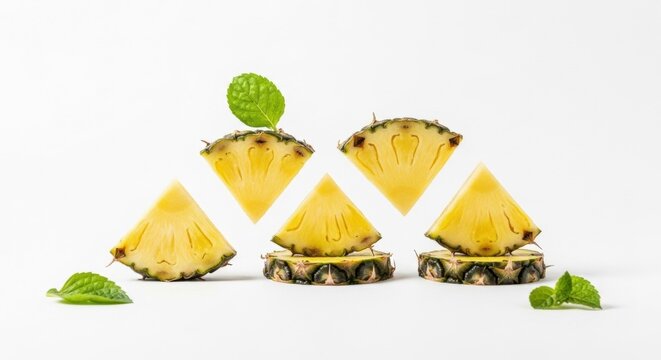 Five triangular pineapple slices and two circular segments arranged in a geometric composition with fresh mint leaves on a plain white background, isolated studio food photography.