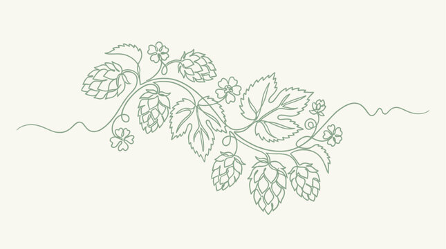 Elegant minimalist continuous line drawing of a vibrant green hop branch with decorative botanical flowers, artistic single stroke herb foliage illustration for modern aesthetic floral design.