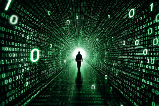 Cybersecurity Digital Tunnel with Binary Code and Anonymous Silhouette