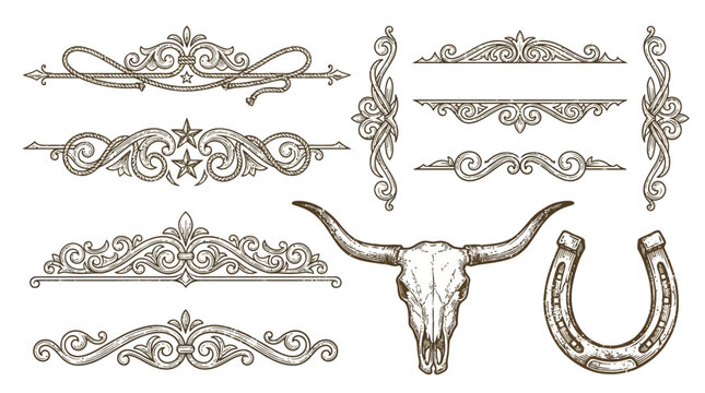 Vintage Western Scrollwork Collection with Longhorn Skull and Horseshoe Ornaments Ornate Victorian Dividers Flourishes Decorative Elements for Rustic Cowboy Design Graphic Borders and Accents