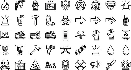 Naklejka premium Firefighter and emergency services equipment icons set, thin line style, vector illustration