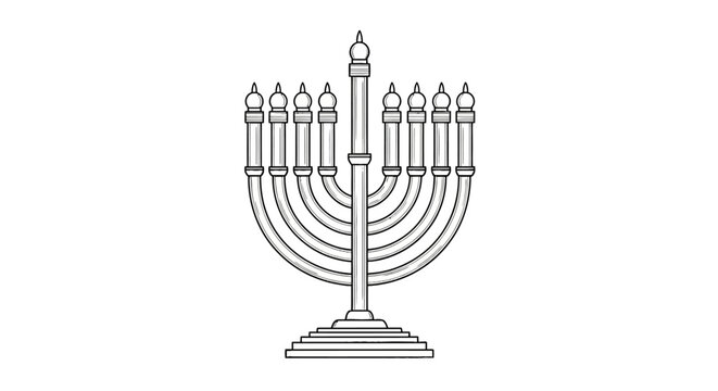 Hanukkah menorah outline with nine branches on white background
