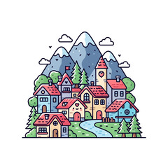 Fototapeta premium A charming whimsical village nestled at the base of snowy mountain peaks.