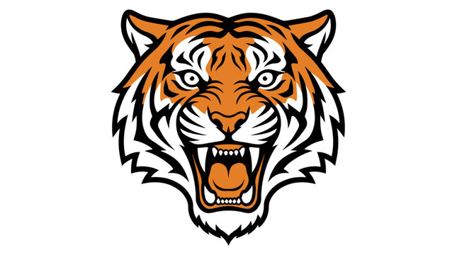 Powerful roaring tiger head mascot graphic design element illustration featuring fierce jungle predator growling with sharp teeth isolated on a clean white background for logo identity.
