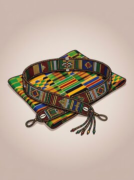 Traditional beaded belt on colorful kente cloth textile
