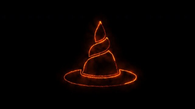 Fiery witch hat animation on black background magic halloween glowing orange outline spell.
