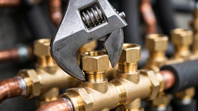 Close-up of a wrench tightening a brass fitting in a plumbing system