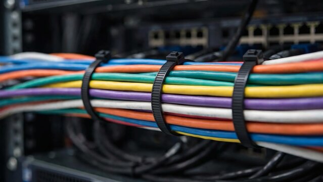 Data cables organized in a server room with various colors used for network connections