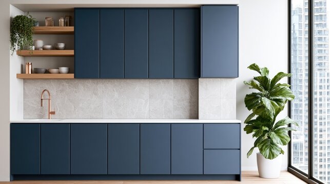 Modern navy blue kitchen cabinets with marble backsplash and large plant