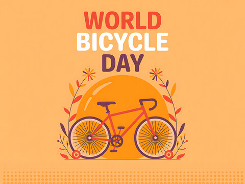 World bicycle day poster with orange sun background and stylized floral elements, botanical