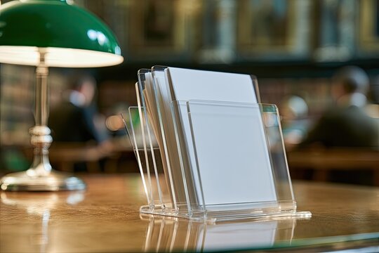 A clear plastic brochure holder displays blank paper in a softly lit library setting