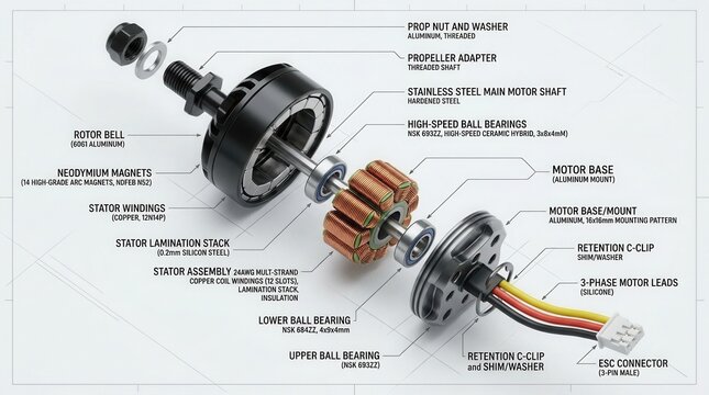 Exploded view of a brushless drone motor. Technical diagram of UAV propulsion components.