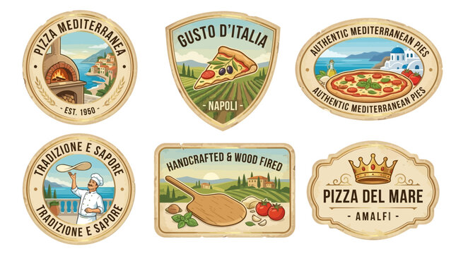 Vintage Italian Pizzeria Label Collection featuring Mediterranean Scenery, Traditional Pizza Emblems, Retro Culinary Graphics, Handcrafted Food Branding Design, Isolated on White Background