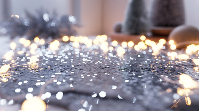 Blurred festive golden string lights glowing over sparkling silver glitter textured background