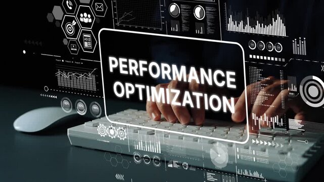 Hands Typing on Keyboard with Digital Graphics Representing Performance Optimization and Data Analysis Concepts. Asymptotic smart data analytic.