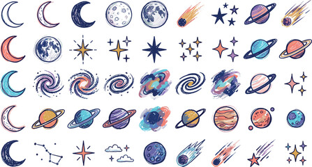 Set of hand drawn space elements, planets, stars, comets, galaxies and moons © MDMAHABUR