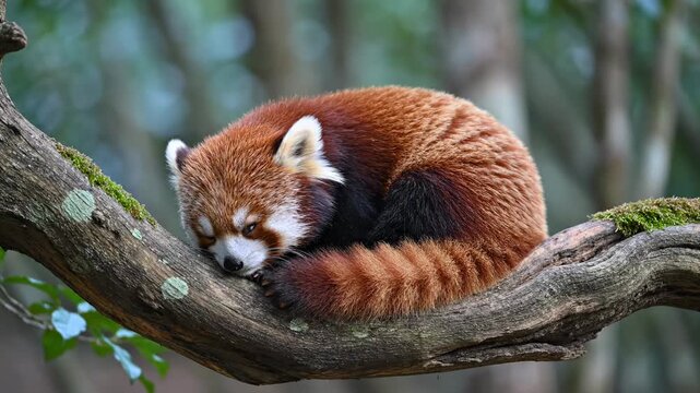 A fluffy red panda rests peacefully upon a mossy tree limb in the wild forest while curled into a soft ball showing the thick dark tail during a quiet afternoon nap in the humid mountain woods