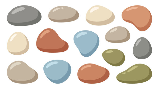 Collection of sixteen smooth decorative river pebble stones and ocean rocks in a clean flat vector style isolated on white background for Zen garden landscaping and natural wellness design.
