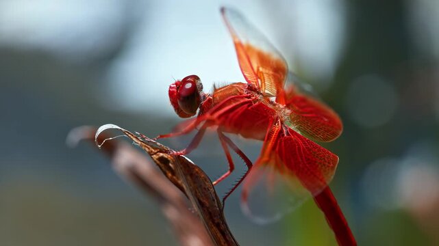 Red dragonfly perched on dried leaf outdoors