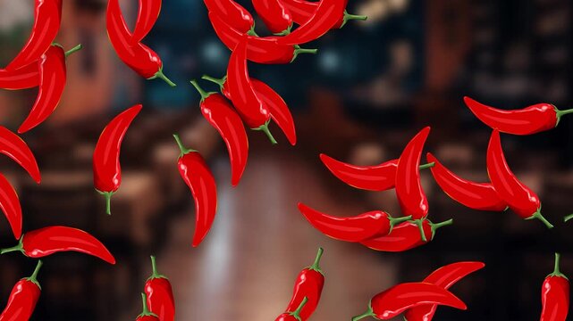 Red Chili Peppers Falling Over Blurred Restaurant Background Animation
